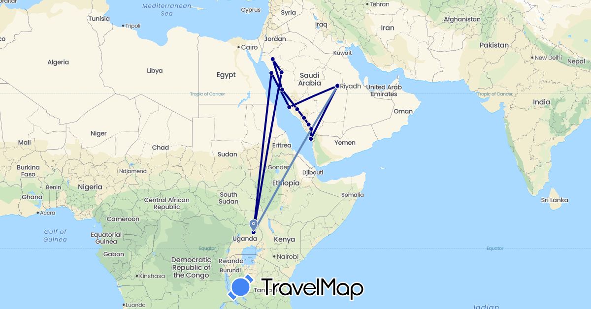 TravelMap itinerary: driving, cycling in Saudi Arabia, Uganda (Africa, Asia)